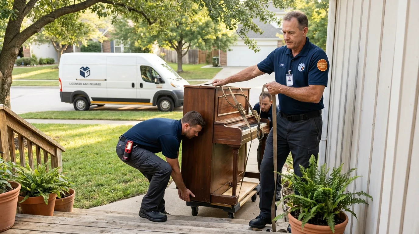 Licensed piano movers securing grand piano in Palmer, MA