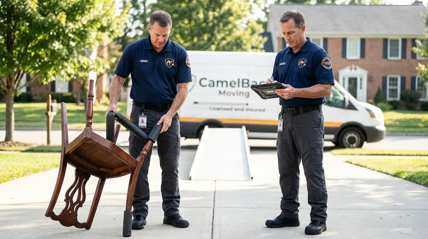 Movers inspecting furniture for damage prevention before loading in Palmer, MA