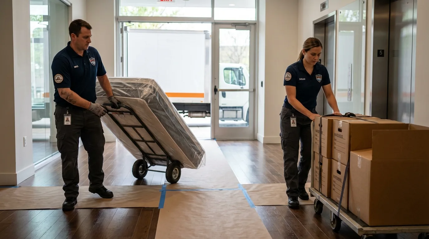 Professional apartment movers loading elevator in Palmer, MA