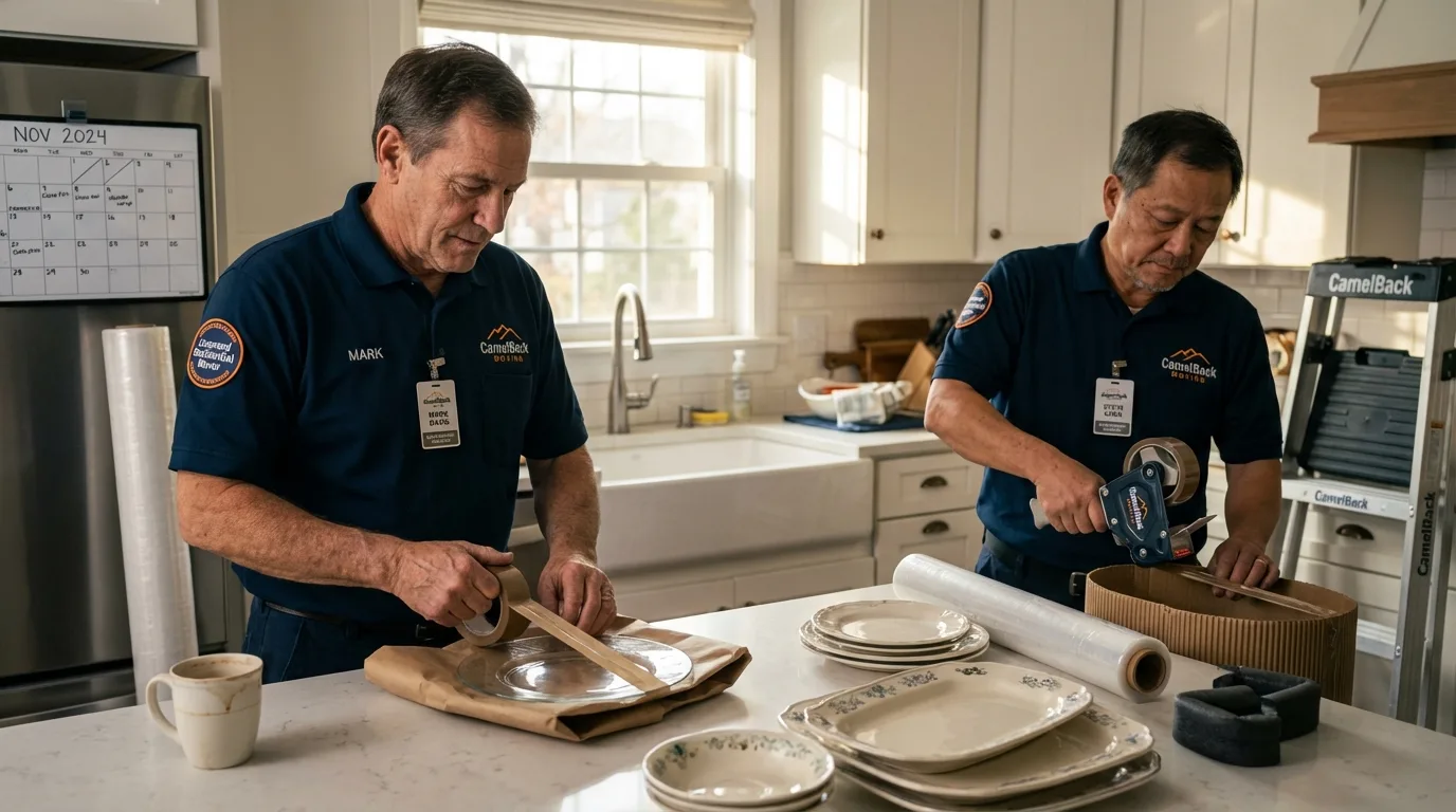 Professional crew packing kitchen dishware in Palmer, MA